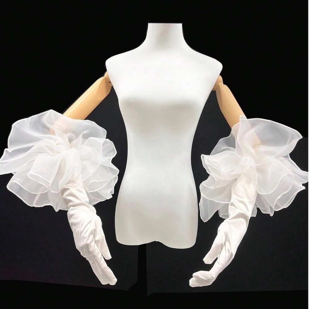 New White Satin Opera Evening Gloves Wedding‎ Tulle Puff Vintage Long Formal